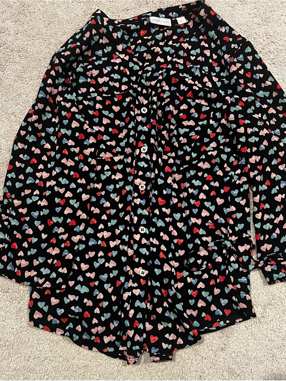 New York & Company Black Heart Print Button-Up Blouse